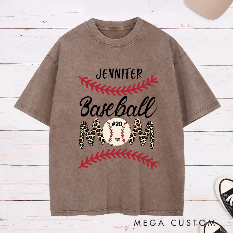 Personalized Baseball Mom Washed T-Shirt with Stylish Leopard Print and Number