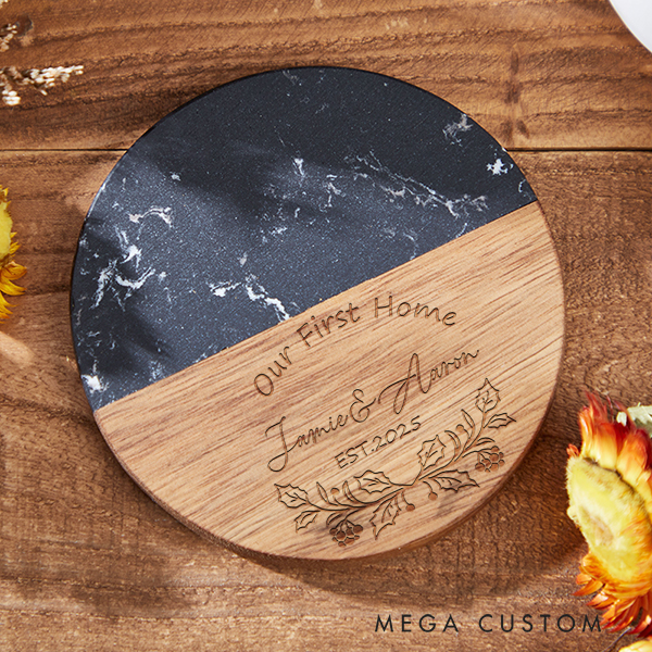 Personalized Wreath Coaster Custom Marble and Wood Coaster Our First Home for Couple Wedding Gift New Home Gift Elegant Keepsake for Housewarming