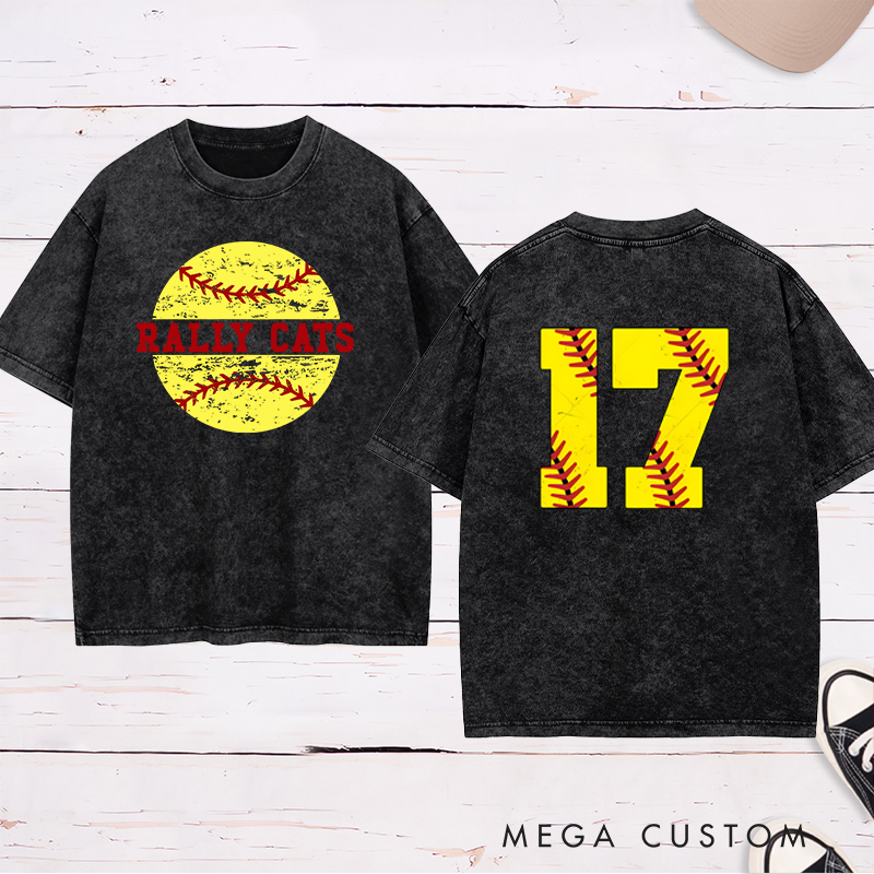 Personalized Softball Washed T-Shirt Design Featuring Distressed Player Number with Bold Softball Stitching Graphics