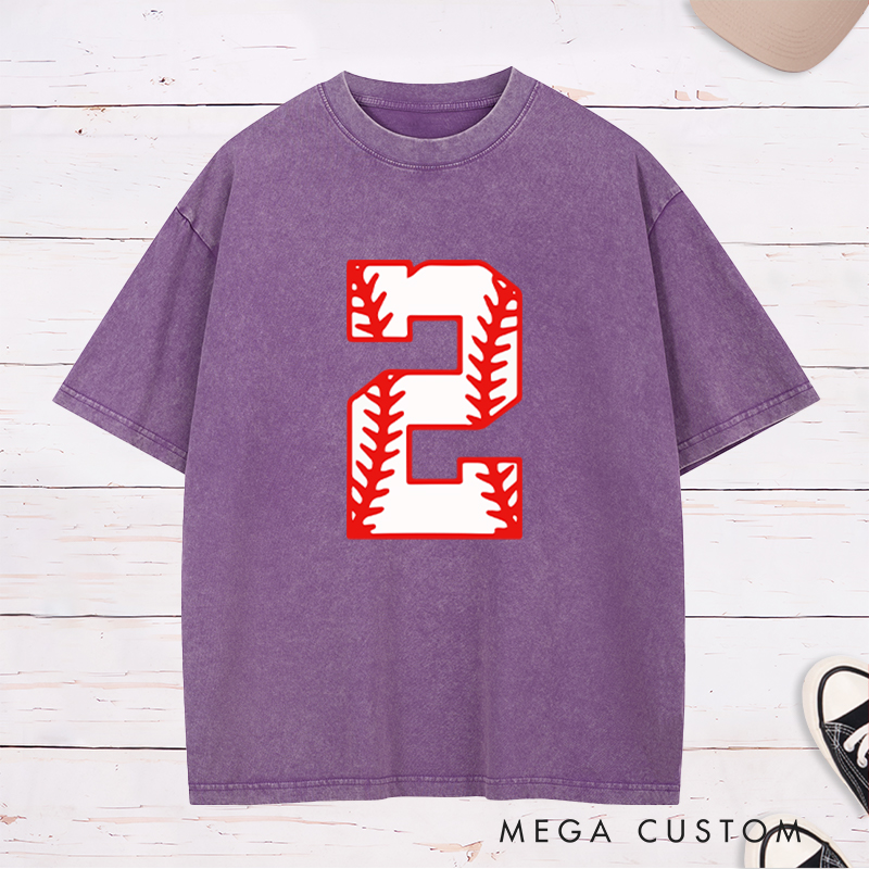 Personalized Athletic Washed T-Shirt with Bold Baseball Stitch Number Graphic