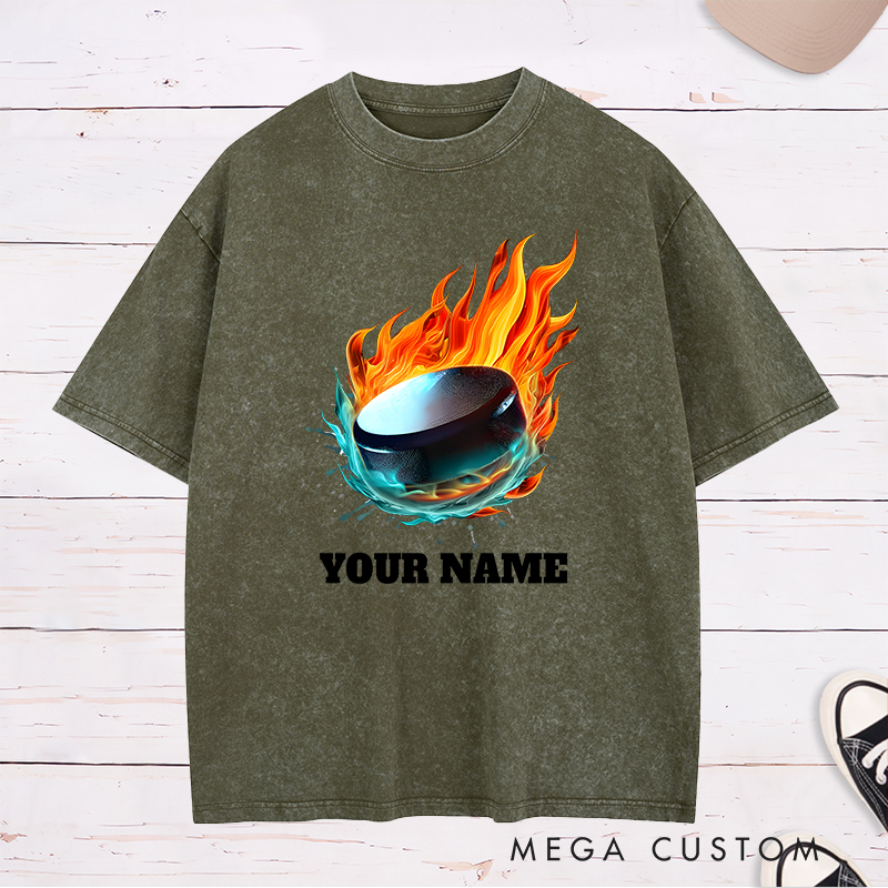Personalized Flaming Hockey Puck Washed T-Shirt with Custom Name  