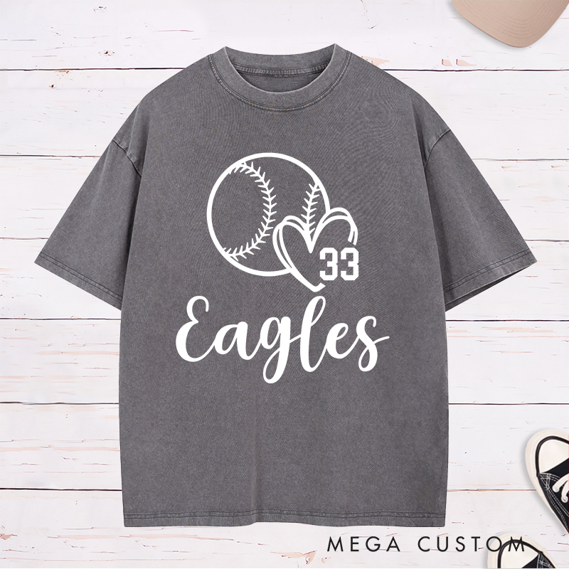 Personalized Softball Team Washed T-Shirt Design Featuring Customizable Team Name Heart and Player Number with Softball Graphic