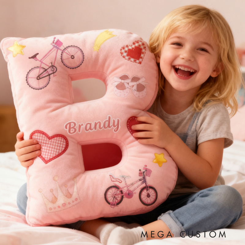 Personalized Cycling Pinky Heart Letter Pillow Graphic 3D Print Bow Letter Pillow Name Pillow Comfortable Travel Cushion for Riders Riding Lovers