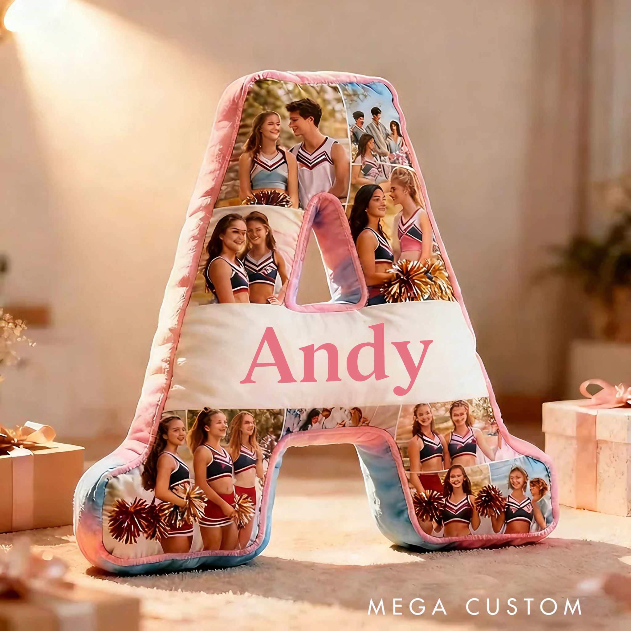 Personalized Cheerleader Photo Collage Initial Pillow with Custom Name for Family and Friends
