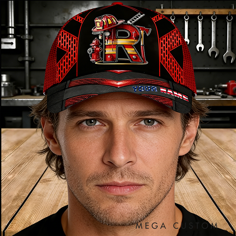 Personalized Firefighter Gifts Custom Name and Initial Alphabet Full Print Cap Firefighter Helmet Hydrant Graphic Hat for Firemen