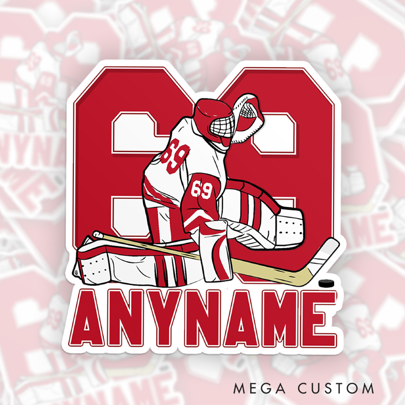 Personalized Hockey Sticker Highlighting Goalie Pose and Player Details