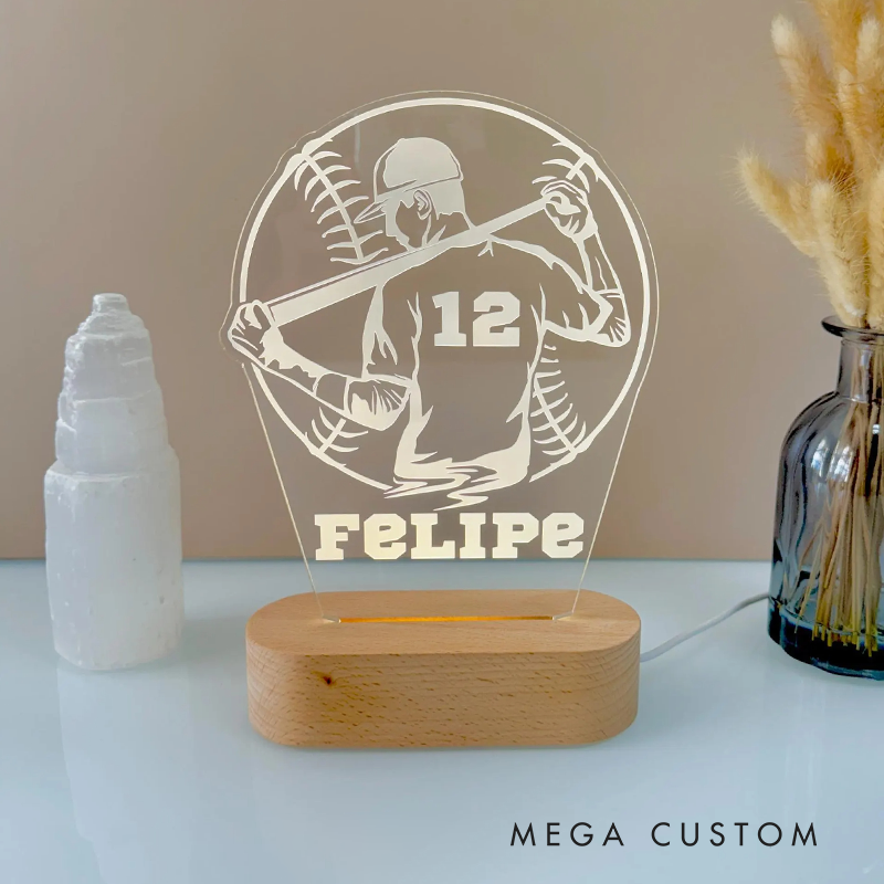 Personalized Baseball Boy LED Night Light with Custom Name and Number for Sports Fans