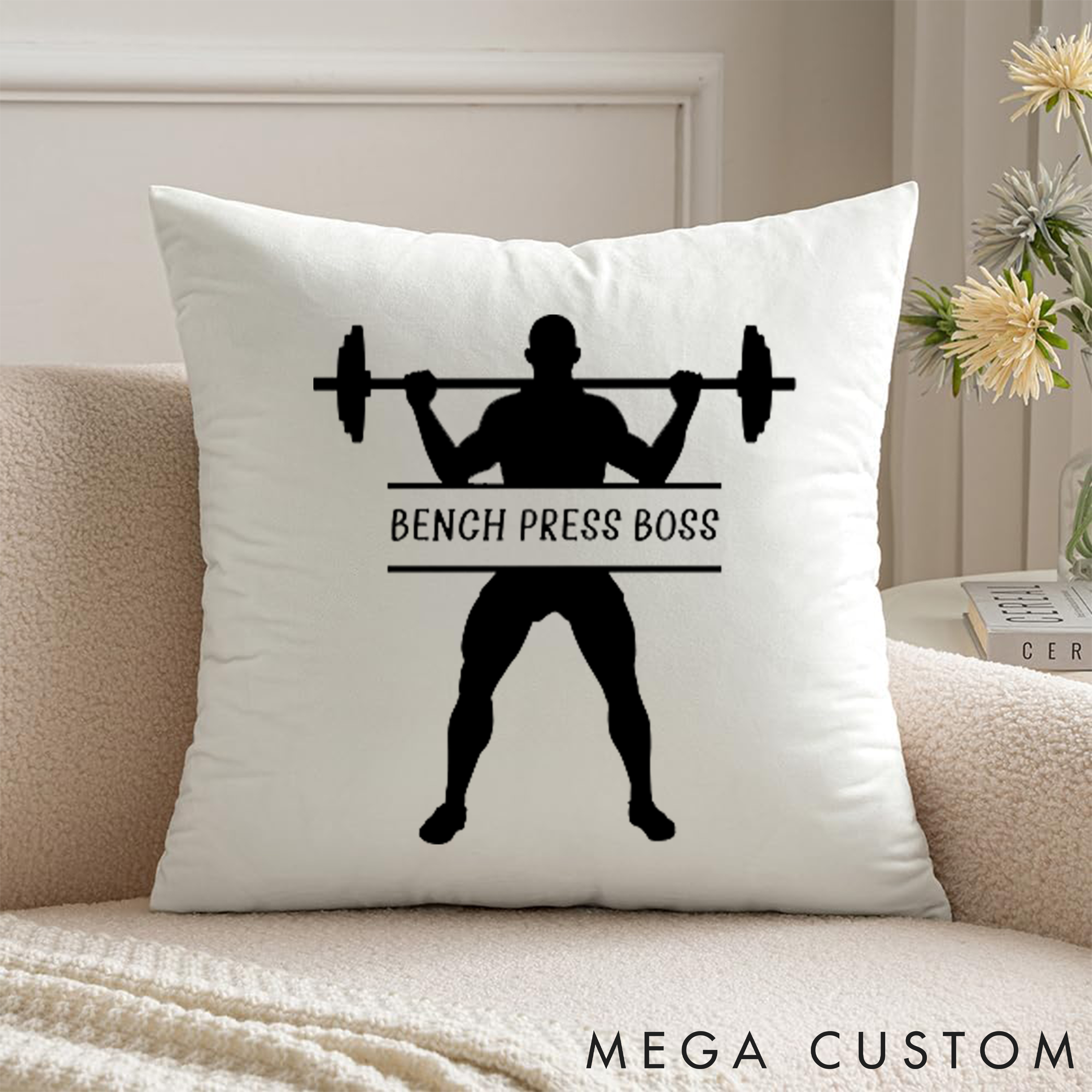 Personalized Bench Press Boss Pillow with Bold Weightlifting Design for Fitness Enthusiasts Bodybuilders and Gym Lovers