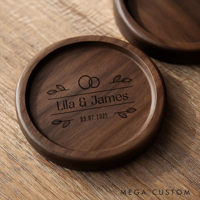 Personalized Engraved Rings and Leaves Wedding Couple Walnut Wood Coaster Set