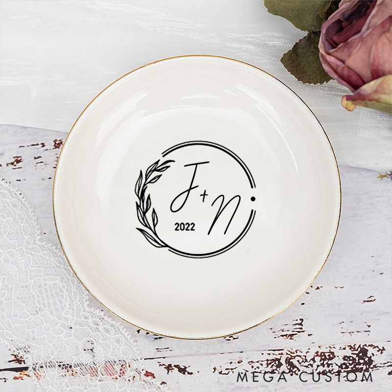 Personalized Modern Circular Initials Wedding Monogram with Botanical Accent Wedding Engagement Gold-Trimmed Ring Dishes