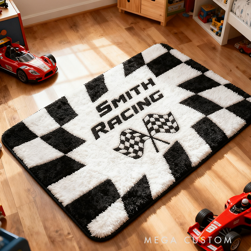 Personalized Checkered Flag Doormat with Custom Name Design for Racers and Racing Lovers