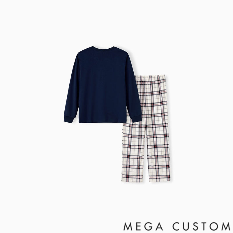 Personalized Custom Name Family Matching School Grid Letter Print Patch Long Sleeve Pajamas Sets for Family