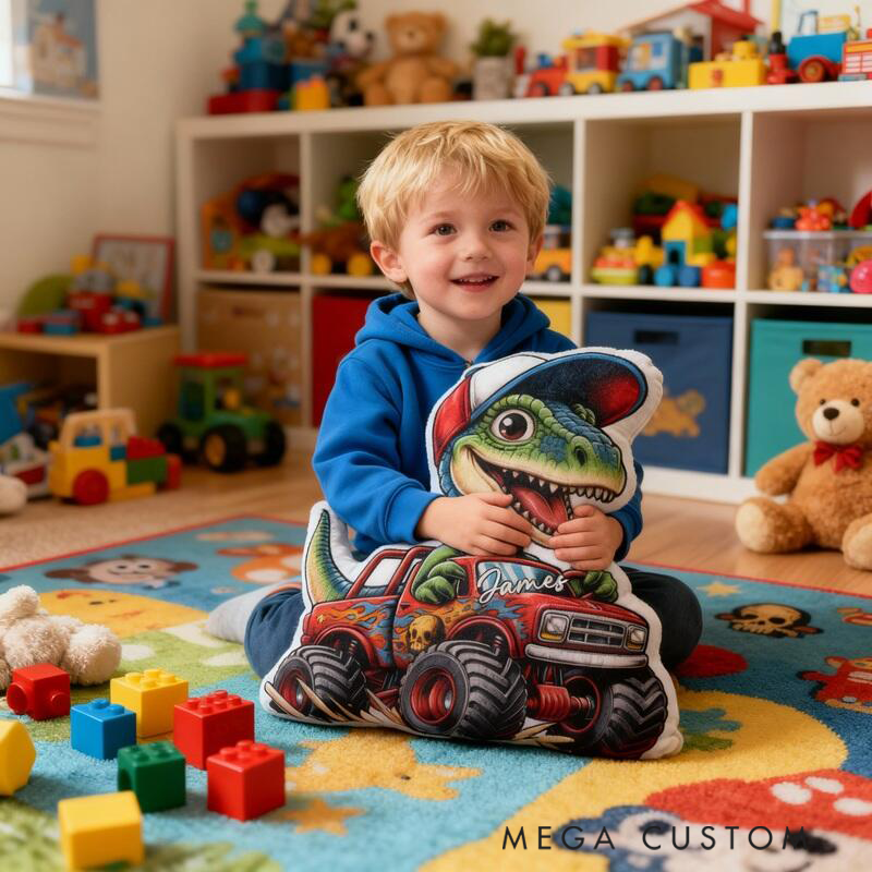 Personalized Pillow with Dinosaur Racing Design Custom Name 3D Graphic Print Cushion Gifts