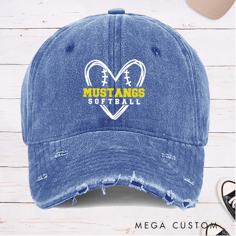 Personalized Distressed Denim Softball Cap with Custom Team Name and Heart Shaped Softball Design
