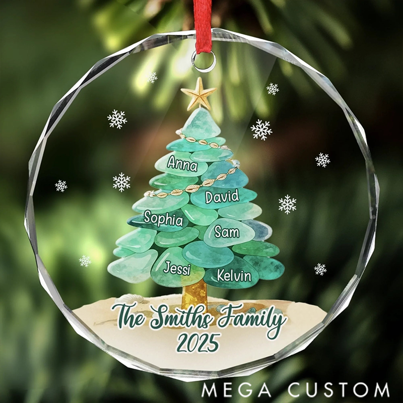 Personalized Peace by the Waves Sea Glass Circle Glass Ornament Christmas Birthday Gifts for Mom Dad