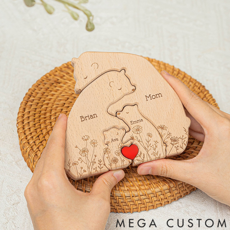 Personalized Hugging Bear Family Floral Version Wooden Bear Family Puzzle Christmas Gift for Family