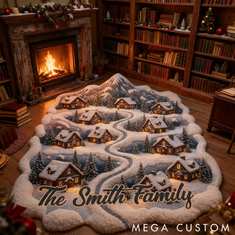 Personalized Snowy Mountain Village Doormat Gift for Family