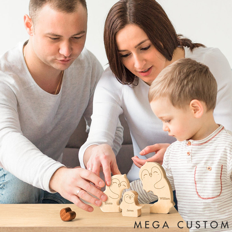 Personalized little Penguin Family Wooden Puzzle Ornament Holiday Gift Heartwarming Family Ornament