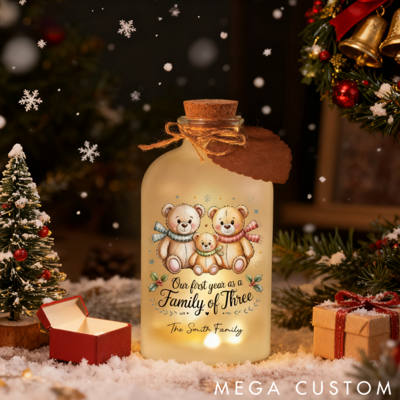 Personalized Our First Year Christmas Bears Family Christmas LED Glowing Glass Bottle Family Christmas Gift