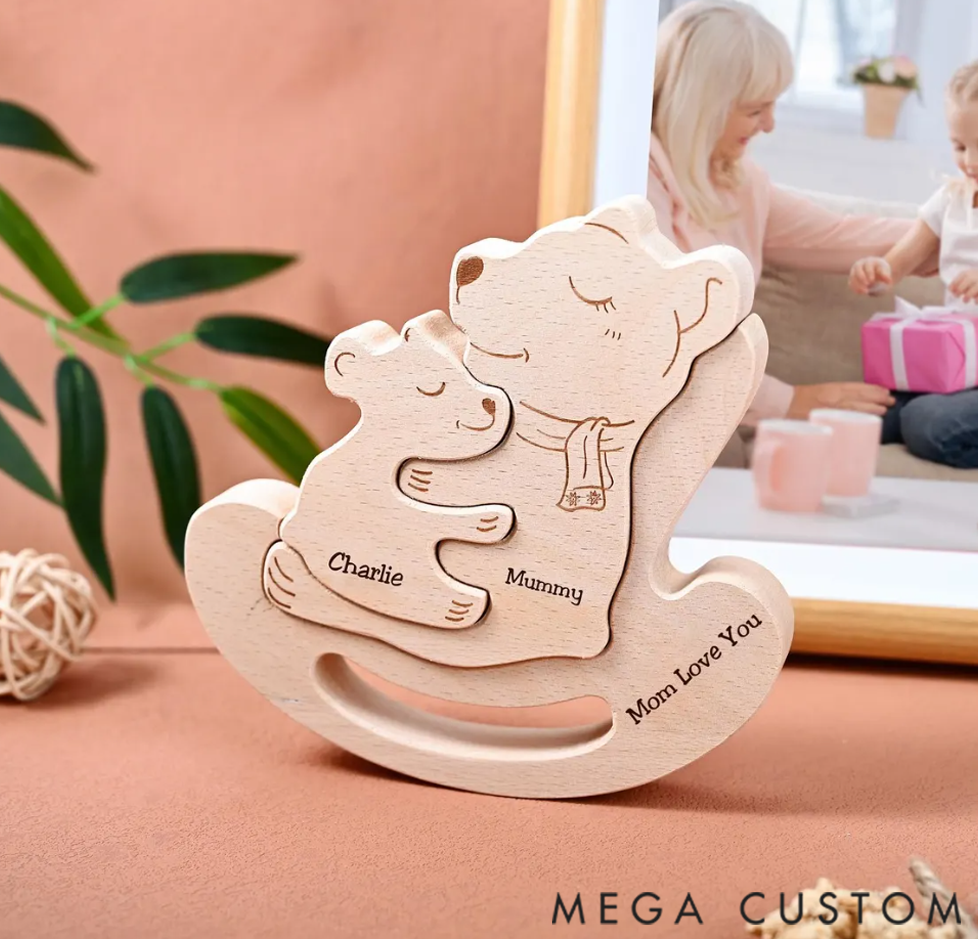Personalized Wooden Bear Family Puzzle Engraved Mom and Baby Figurines First Christmas Gift for New Parents