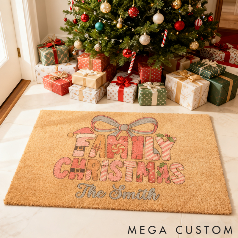 Personalized Family Christmas Doormat Cute Winter Home Welcome Mat Matching Gift