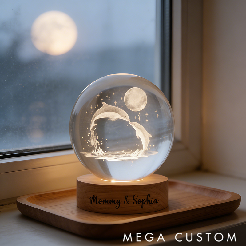 Personalized Dolphin Crystal Ball Night Light LED Wooden Base Table Lamp