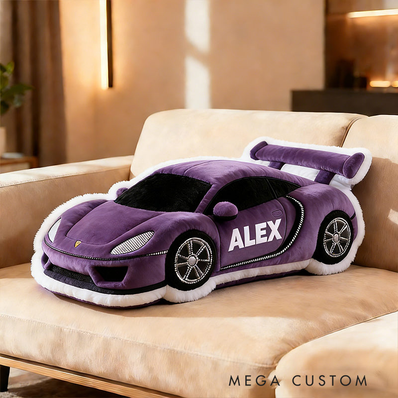 Personalized Race Car Shaped Pillow Custom Name Plush Cushion Choose Car Color 3D Graphic Print Gift for Racing Fans