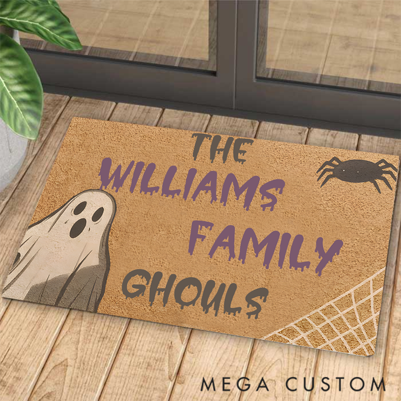 Personalized Family Ghouls Halloween Doormat Gift for Family Fun Spooky Ghost and Spider Family Name Doormat