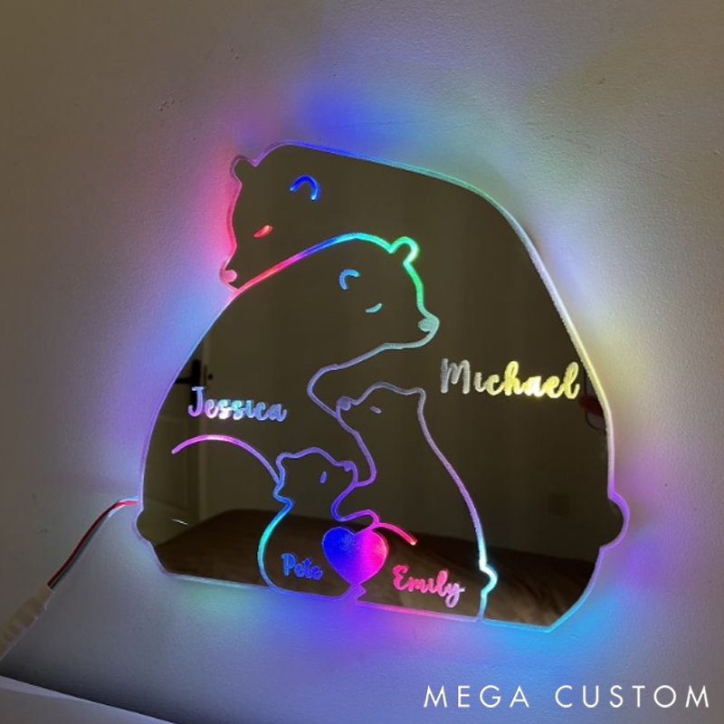 Personalized Heart Name Bear Family LED Mirror Light