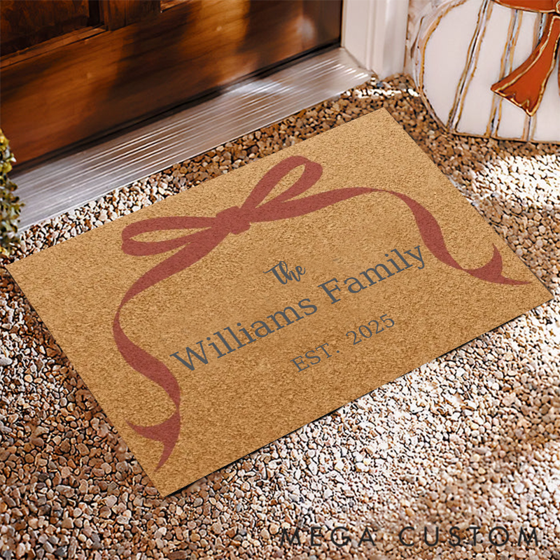Personalized Family Name Doormat with Red Bow Christmas Gift