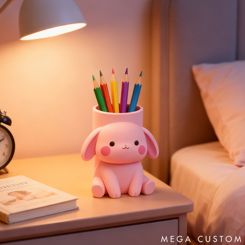 Personalized Pink Bunny Pencil Holder Cute Desktop Decor 3D Printed