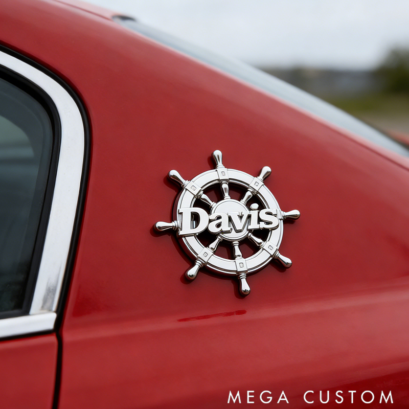 Personalized Metal Car Badge with Ship's Wheel Design