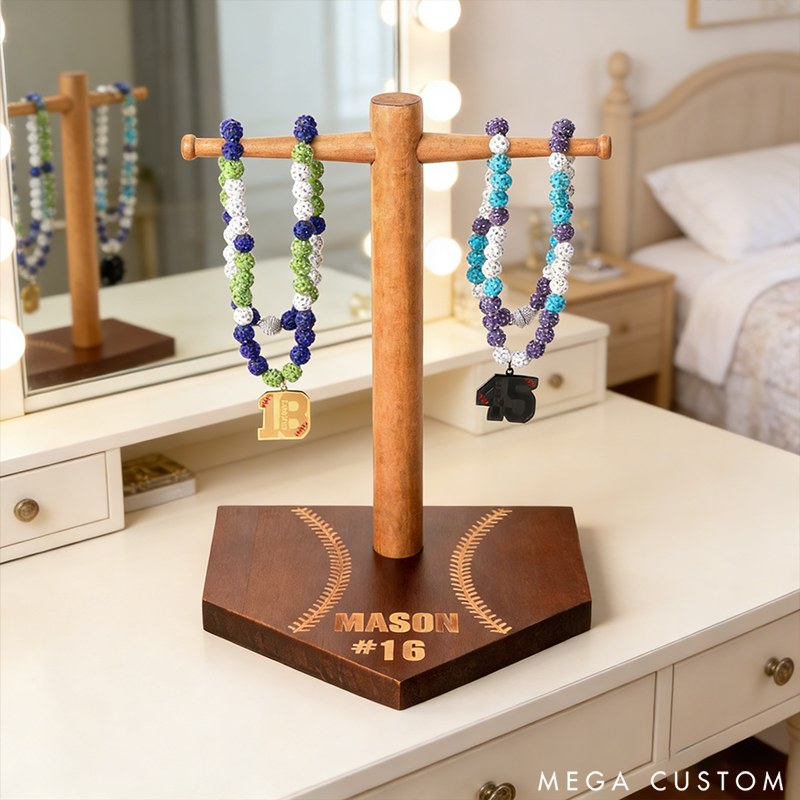 Personalized Baseball Ring Display Stand Wooden Necklace Holder with Engravable Name and Number the Perfect Gift for Sports Lovers
