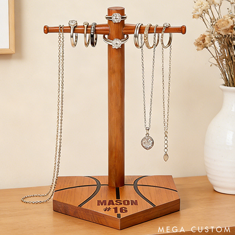 Personalized Basketball Ring Display Stand Wooden Necklace Holder with Engravable Name and Number the Perfect Gift for Sports Lovers