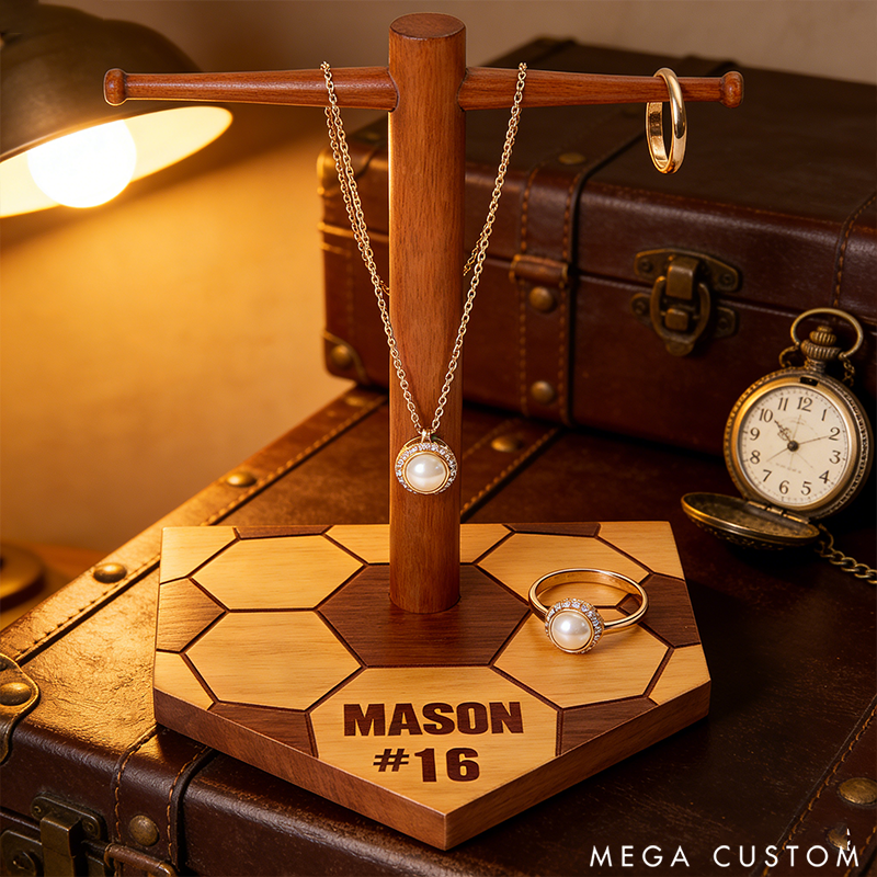 Personalized Soccer Ring Display Stand Wooden Necklace Holder with Engravable Name and Number the Perfect Gift for Sports Lovers