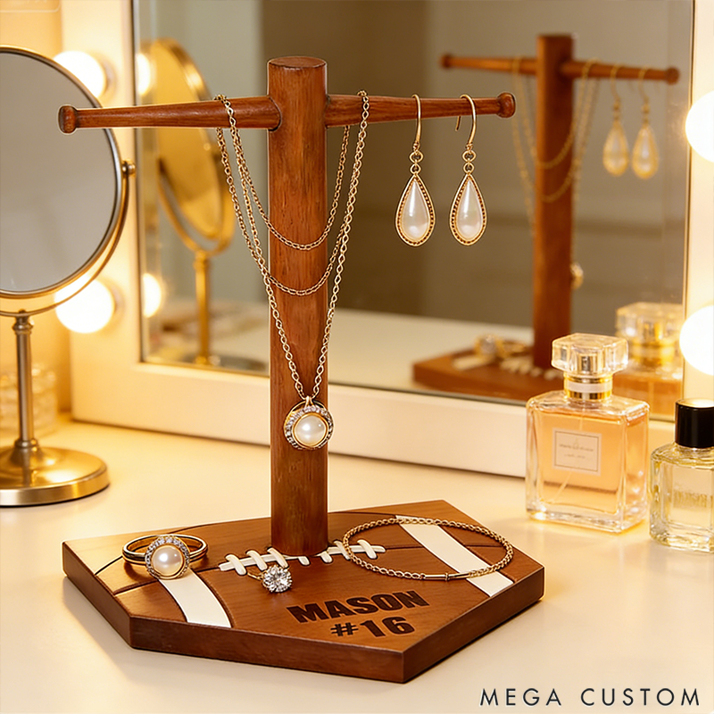Personalized American Football Ring Display Stand Wooden Necklace Holder with Engravable Name and Number the Perfect Gift for Sports Lovers
