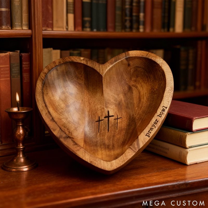 Personalized Wooden Heart-Shaped Prayer Bowl Cross Religious Gift Christian Gift Prayer Bowl
