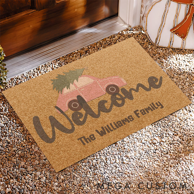 Personalized Vintage Car Holiday Doormat Welcome Guests with Your Family Name this Christmas