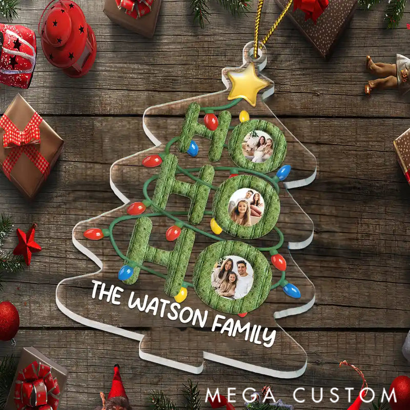 Personalized Photo Ho Ho Ho Family Christmas Tree Acrylic Ornament