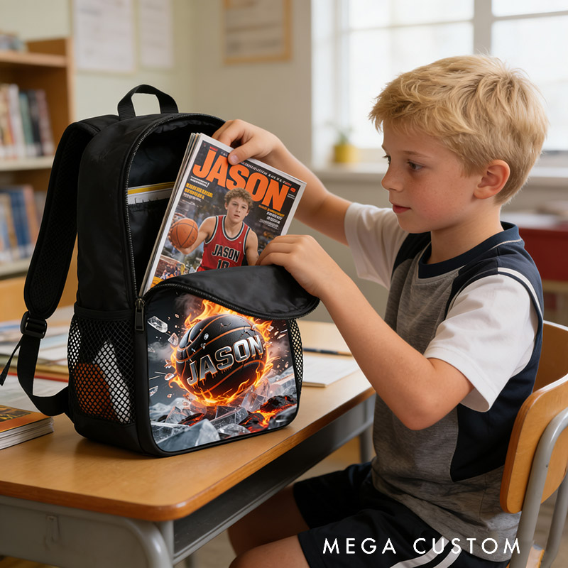 Personalized Basketball Backpack with Fiery Design and Custom Name for Kids and Basketball Lovers Black to School Gift