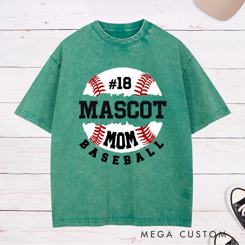 Personalized Baseball Mom Washed T-Shirt with Custom Name and Player Number Design