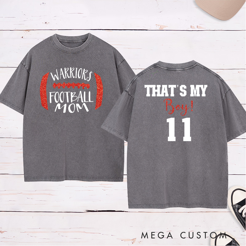 Personalized American Football Washed T-Shirts for "That's My Boy" with Custom Team Name and Number