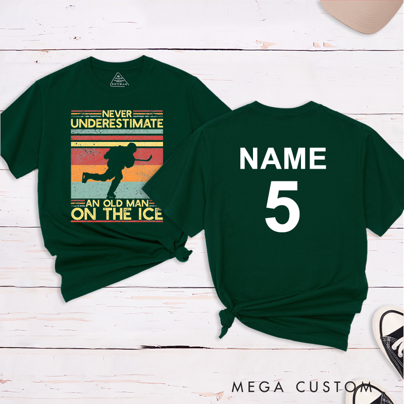Personalized "Never Underestimate an Old Man on the Ice" Hockey T-Shirt with Custom Name and Number