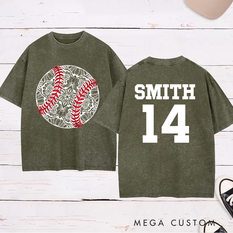 Personalized Mandala Baseball Washed T-Shirt with Custom Name and Number
