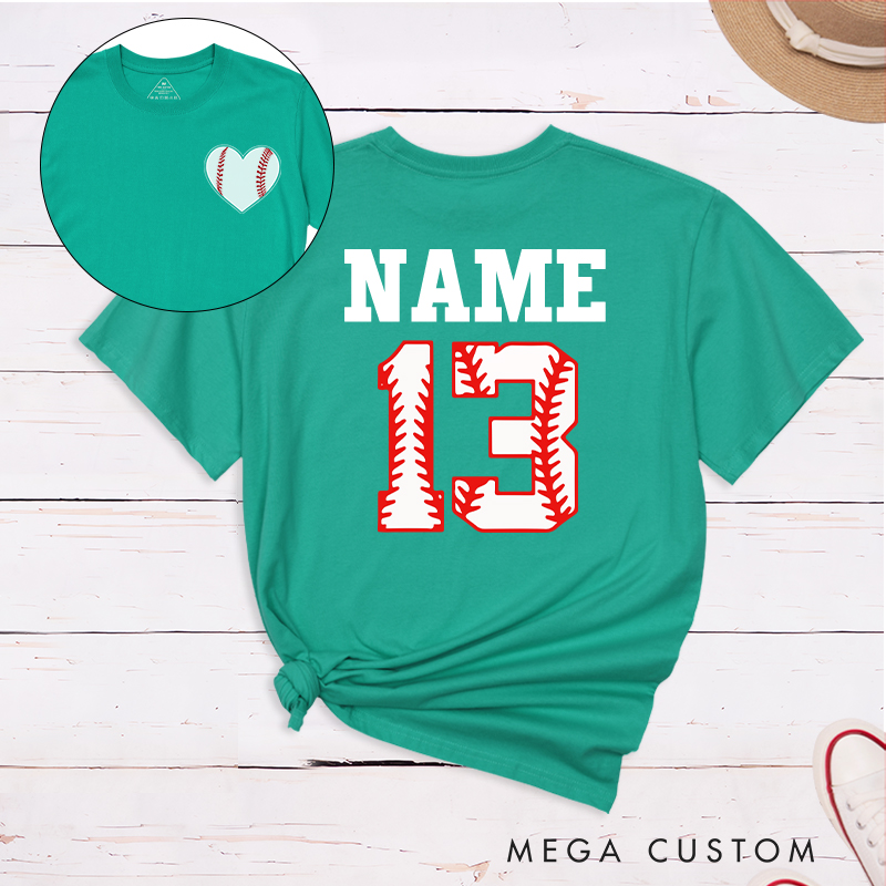 Personalized Baseball Heart T-Shirt with Custom Name and Number 