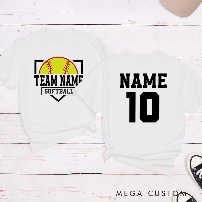 Personalized Softball Team T-Shirt Design Featuring Custom Team Name Player Name and Number with Bold Graphics