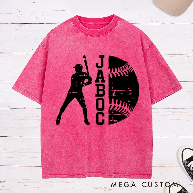 Personalized Baseball Washed T-Shirt with Batter Silhouette and Custom Name Design