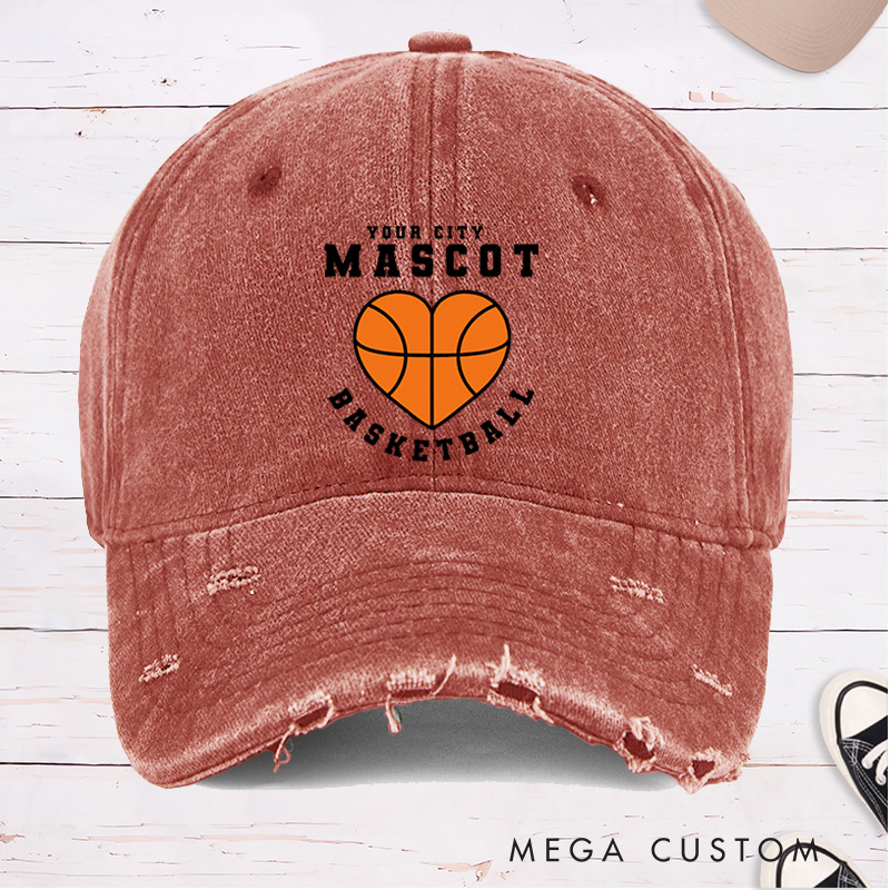Personalized Distressed Denim Basketball Cap with Custom Team Name Mascot and Heart Basketball Graphic Design