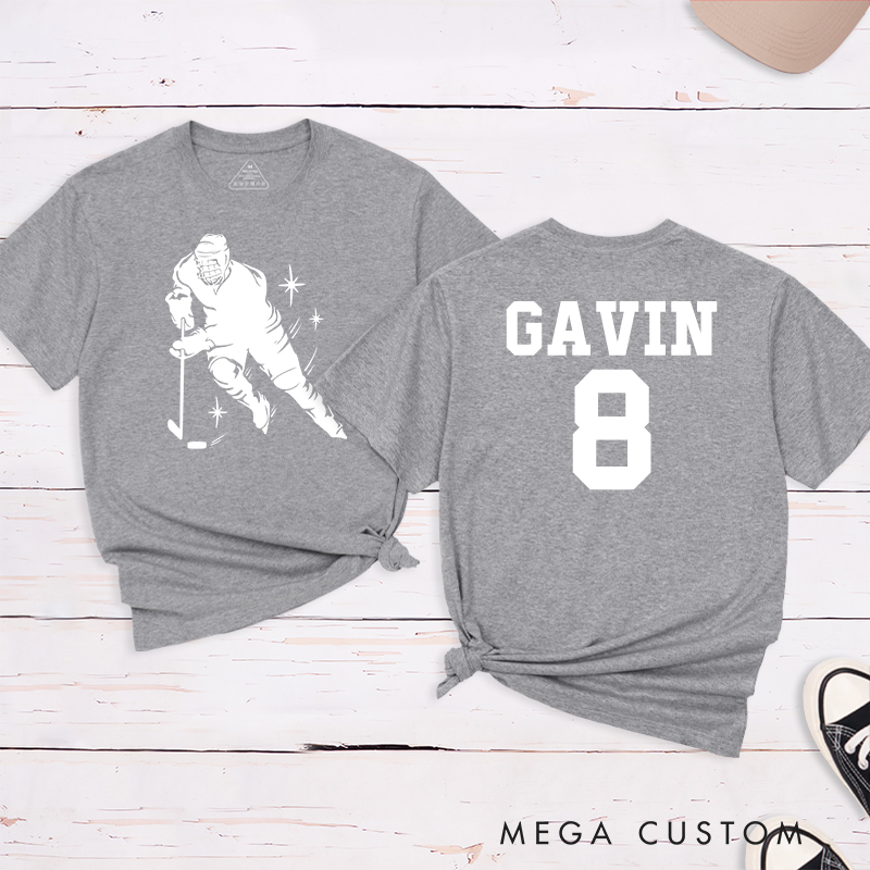 Personalized Hockey Player Silhouette T-Shirt with Custom Name and Number