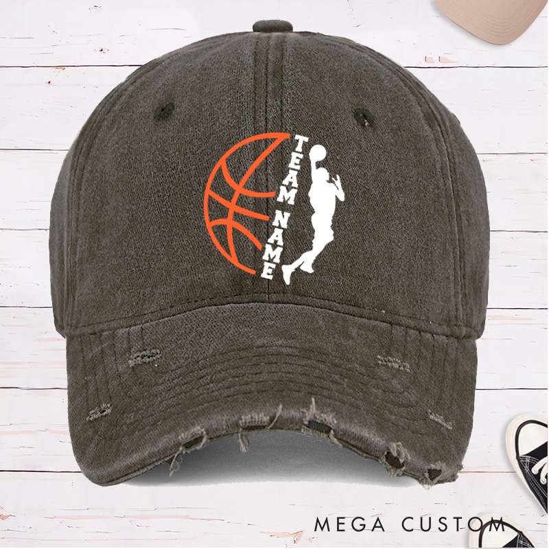 Personalized Distressed Denim Basketball Cap with Vertical Team Name and Player Silhouette Design